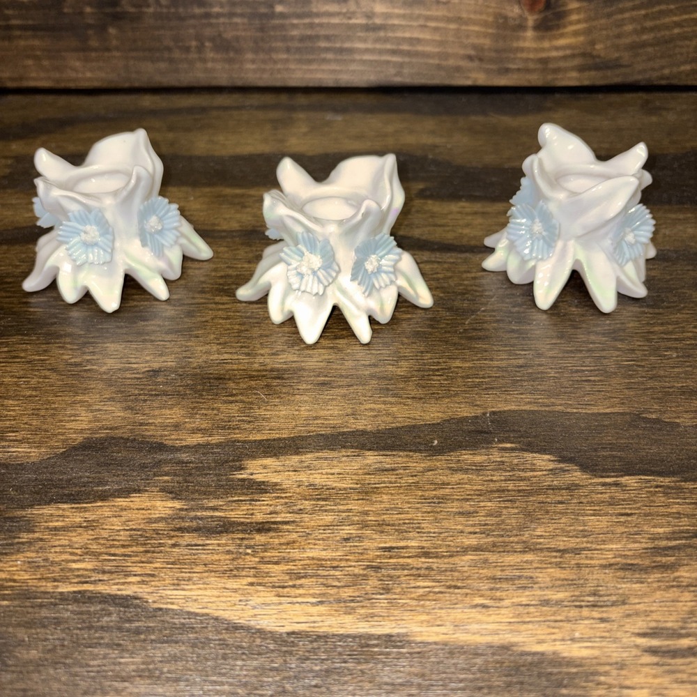 3/White Glass With Blue Flowers Candlestick Holders